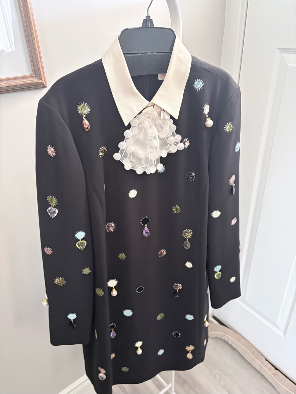 Tory Burch Black Embellished Coat with Ivory Collar